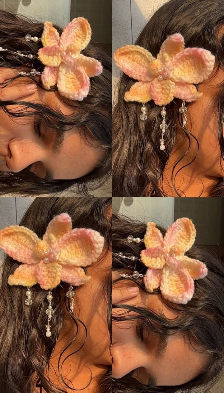 Handmade crochet butterfly hair clip in pastel pink and yellow with pearl bead hanging chains, aesthetic hair accessory for girls and women by Verity.