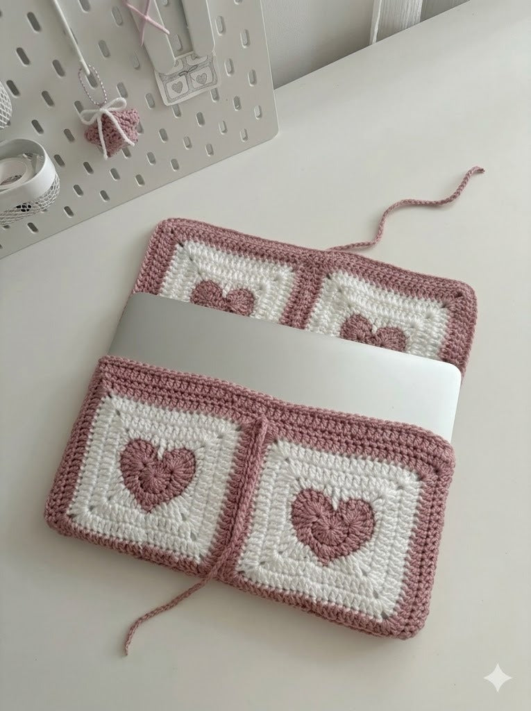 Handmade Crochet Heart Laptop Cover – Aesthetic Knitted Laptop Sleeve