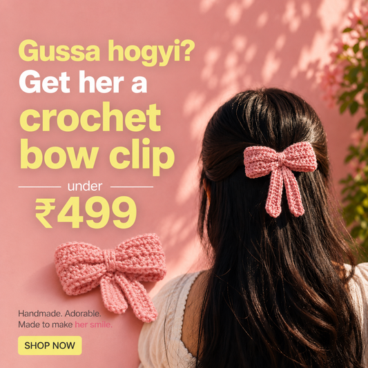 Handmade pink crochet bow hair clip for girls and women, soft knitted hair accessory, cute aesthetic bow clip, perfect handmade gift by Verity.