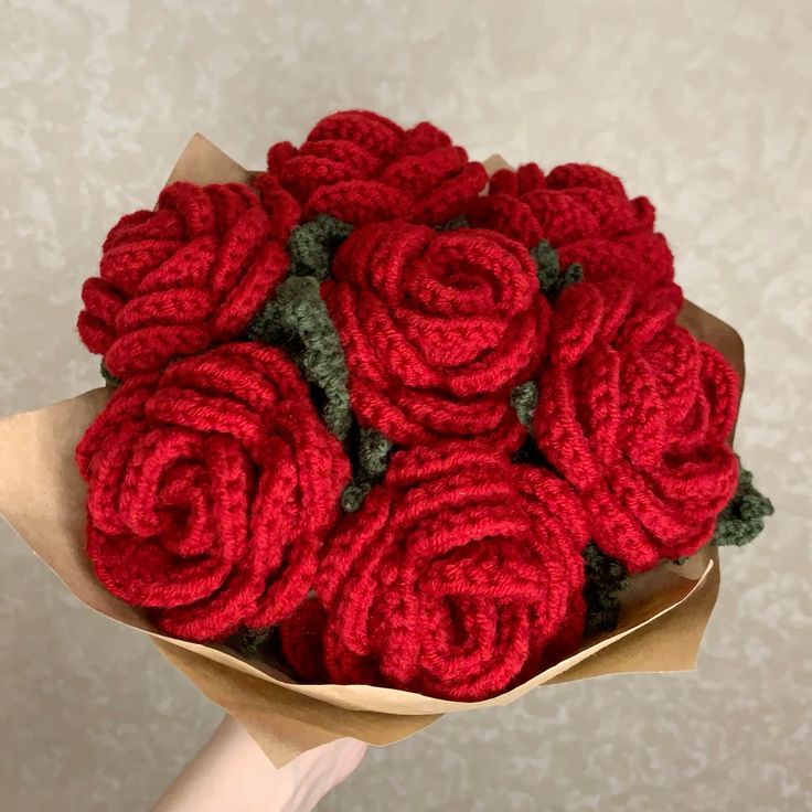 Close-up of handmade crochet red roses bouquet by Verity