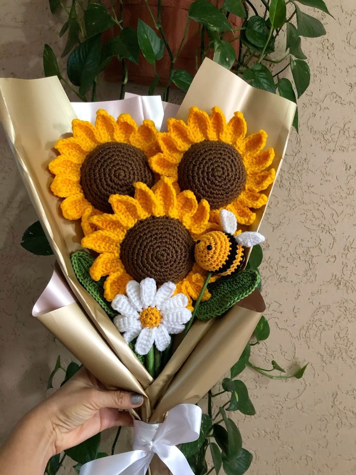 Handmade crochet sunflower bouquet with bee and daisy by Verity