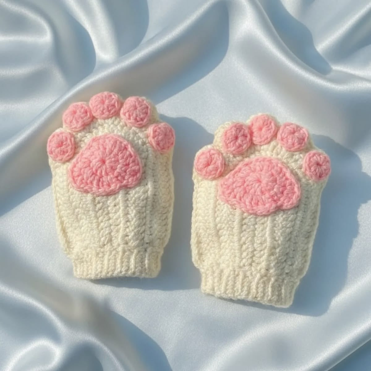 Soft handmade crochet paw gloves in cream and pink, fingerless winter mittens for women.