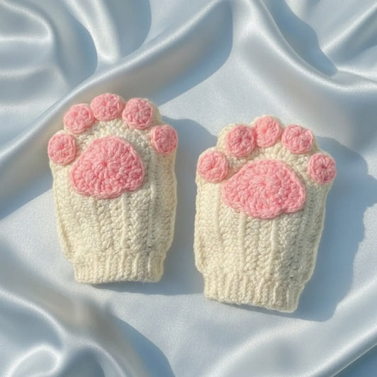 Soft handmade crochet paw gloves in cream and pink, fingerless winter mittens for women.