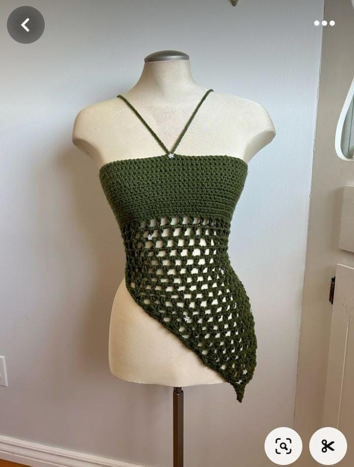 Handmade crochet green halter top with asymmetrical mesh design