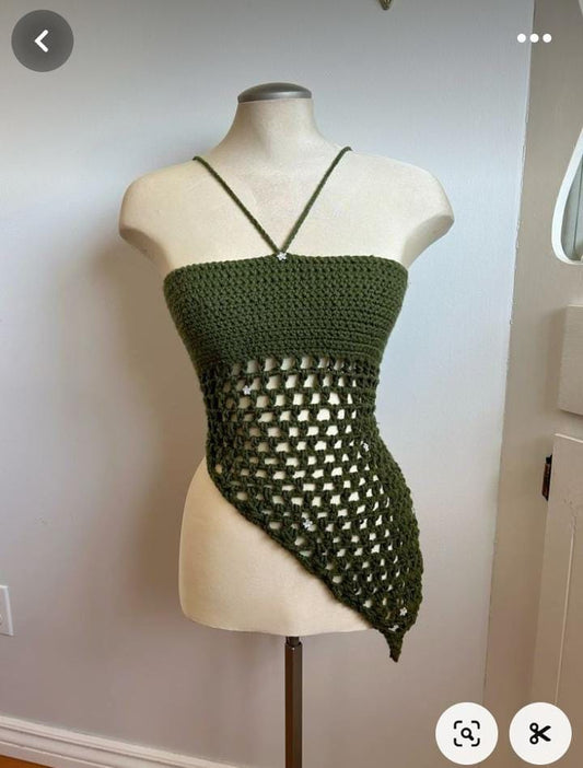 Handmade crochet green halter top with asymmetrical mesh design