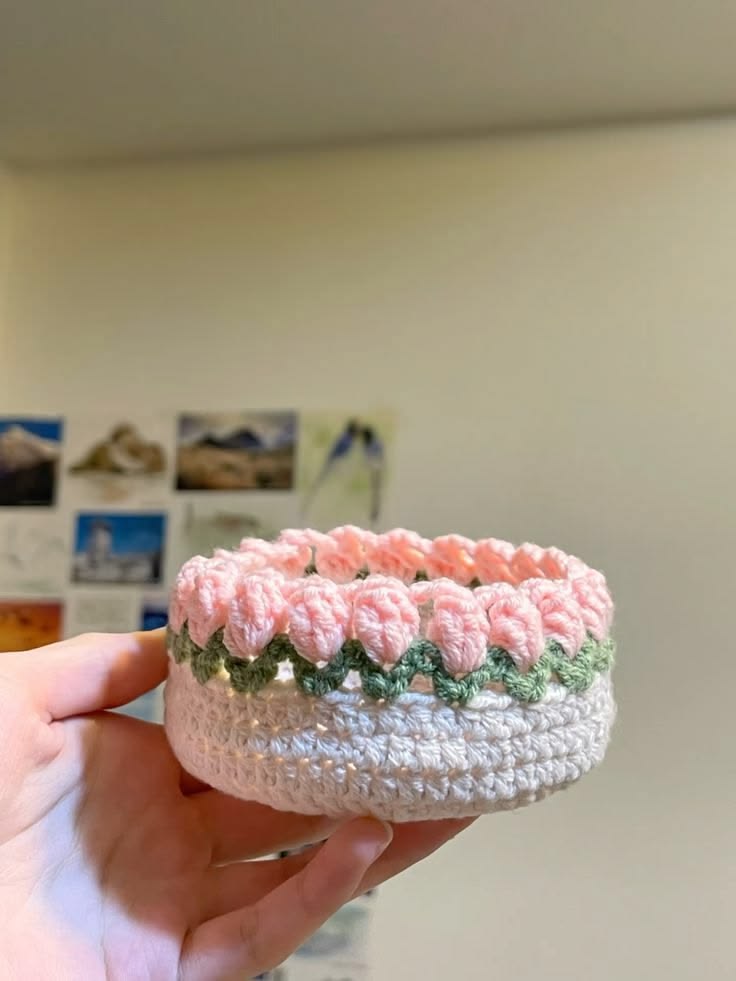 Handmade crochet tulip trinket tray pink floral jewelry holder.