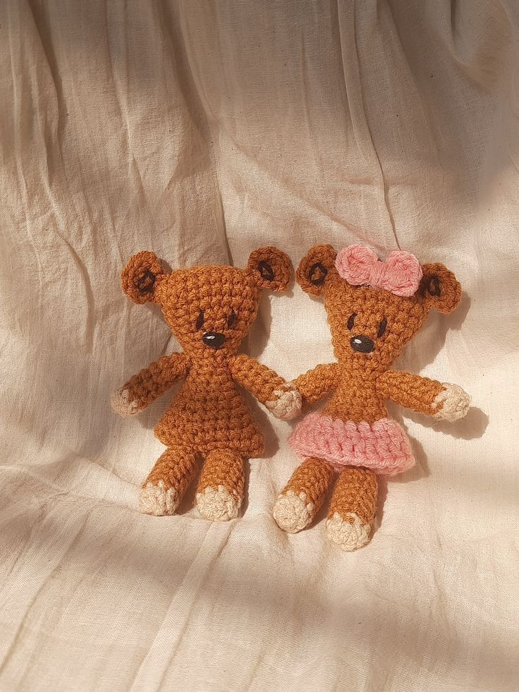 Handmade crochet teddy bear couple amigurumi soft toy with pink dress.