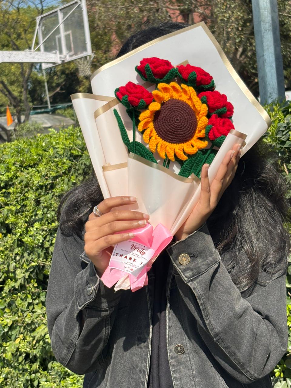 Handmade Crochet Mixed Sunflower & Rose Bouquet – Premium Everlasting Gift